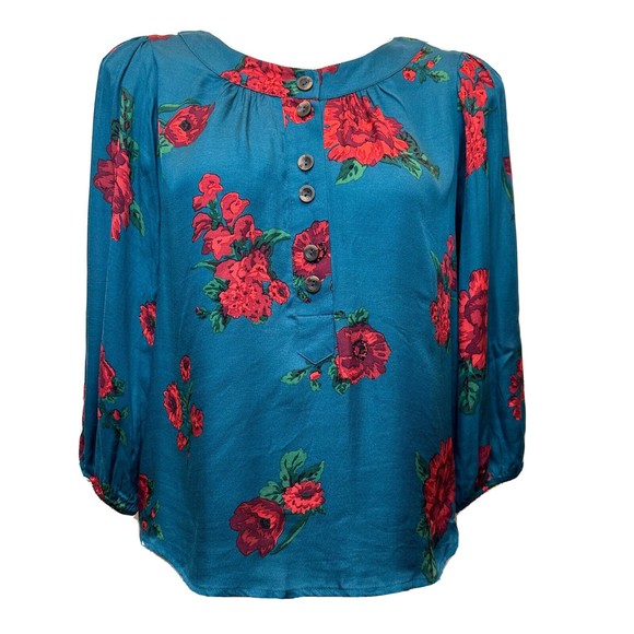 NEW Anthropologie Maeve Top XS Kalas Henley Blouse Teal Long Sleeve Buttons $88 - Picture 1 of 10
